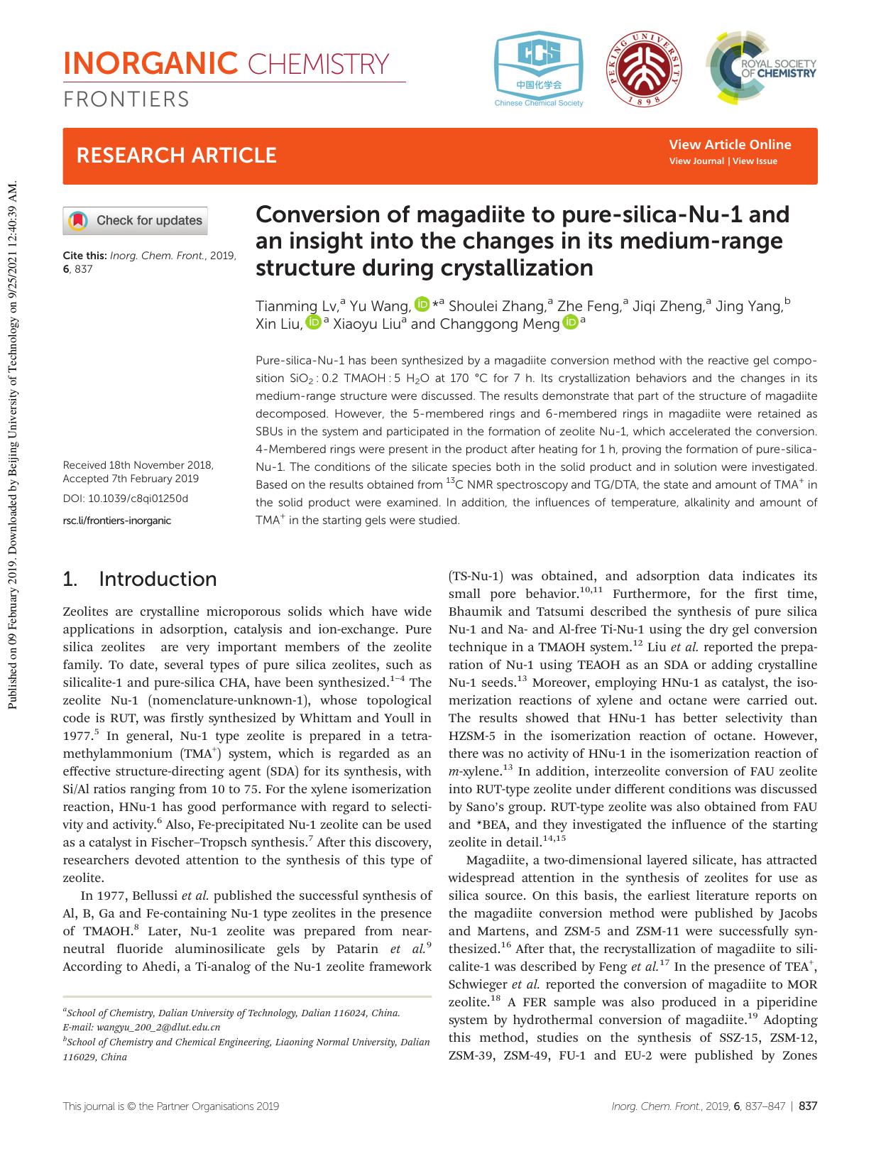 Conversion of magadiite to pure-silica-Nu-1 and an insight into the changes in its medium-range structure during crystallization by unknow