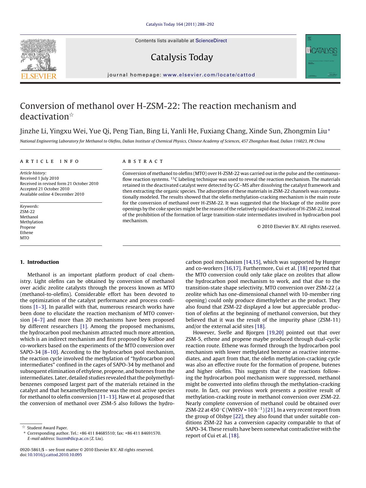 Conversion of methanol over H-ZSM-22: The reaction mechanism and deactivation by Jinzhe Li