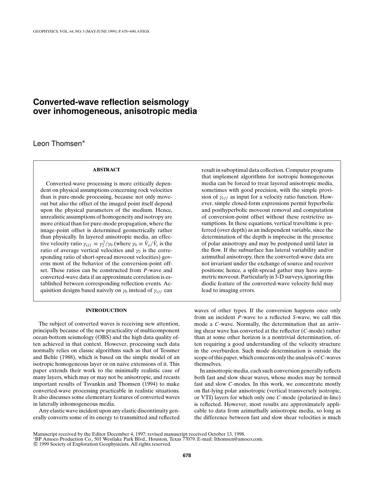 Converted-wave reflection seismology over inhomogeneous, anisotropic media by L. Thomsen