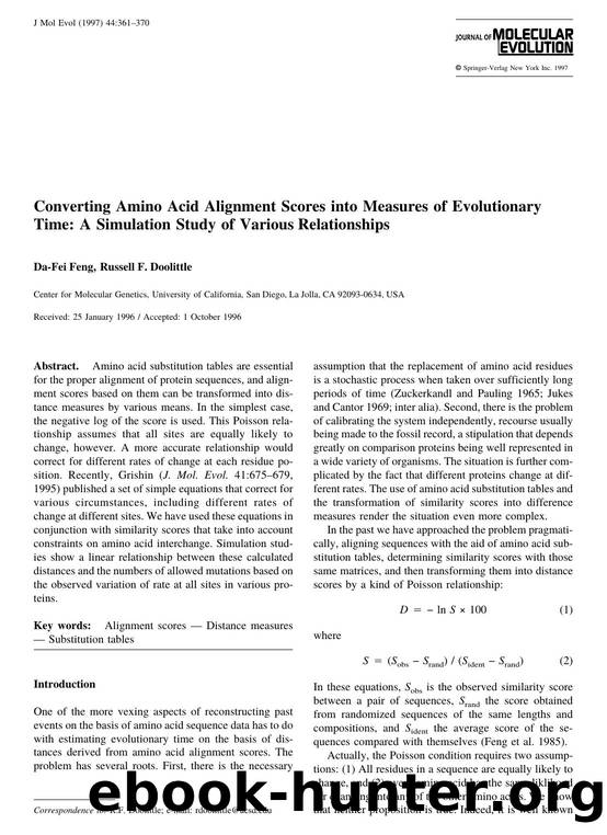 Converting Amino Acid Alignment Scores into Measures of Evolutionary Time: A Simulation Study of Various Relationships by Feng D.-F. et al