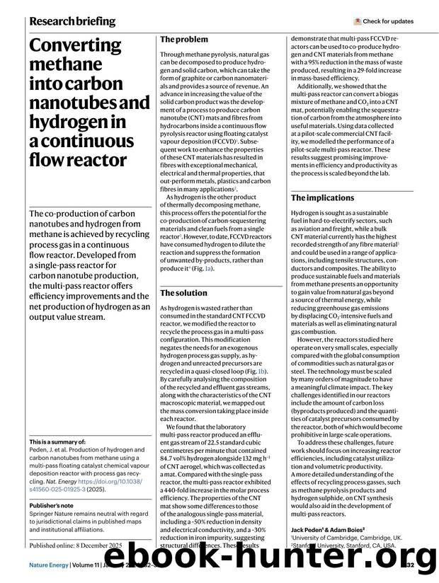 Converting methane into carbon nanotubes and hydrogen in a continuous flow reactor by Unknown