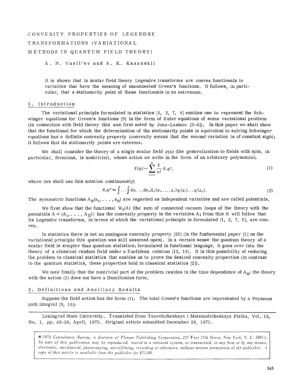 Convexity properties of Legendre transformations (variational methods in quantum field theory) by Unknown