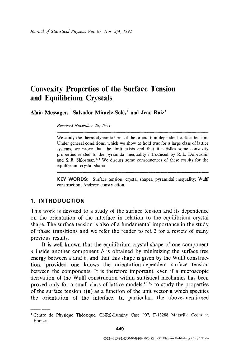 Convexity properties of the surface tension and equilibrium crystals by Unknown