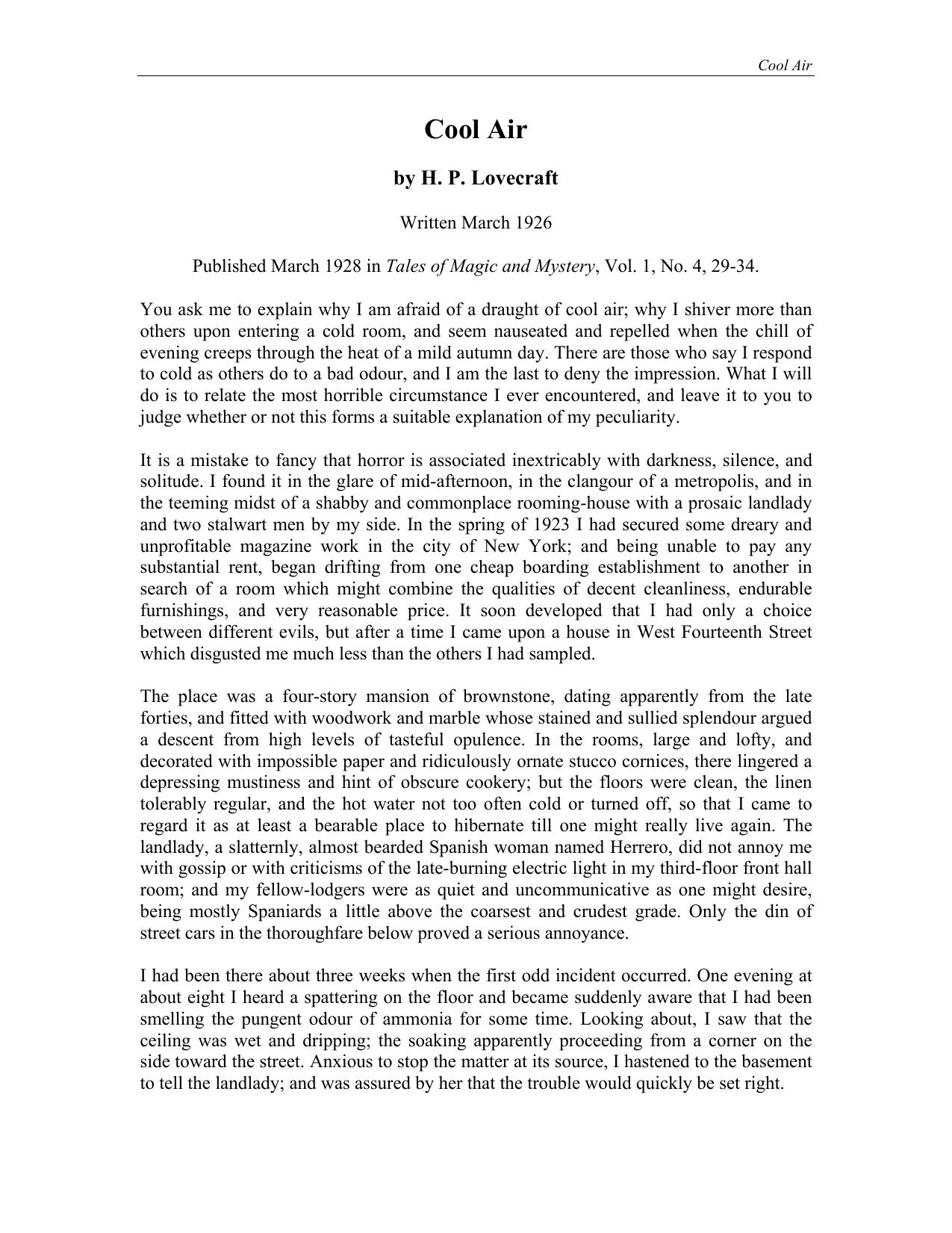 Cool Air by H. P. Lovecraft