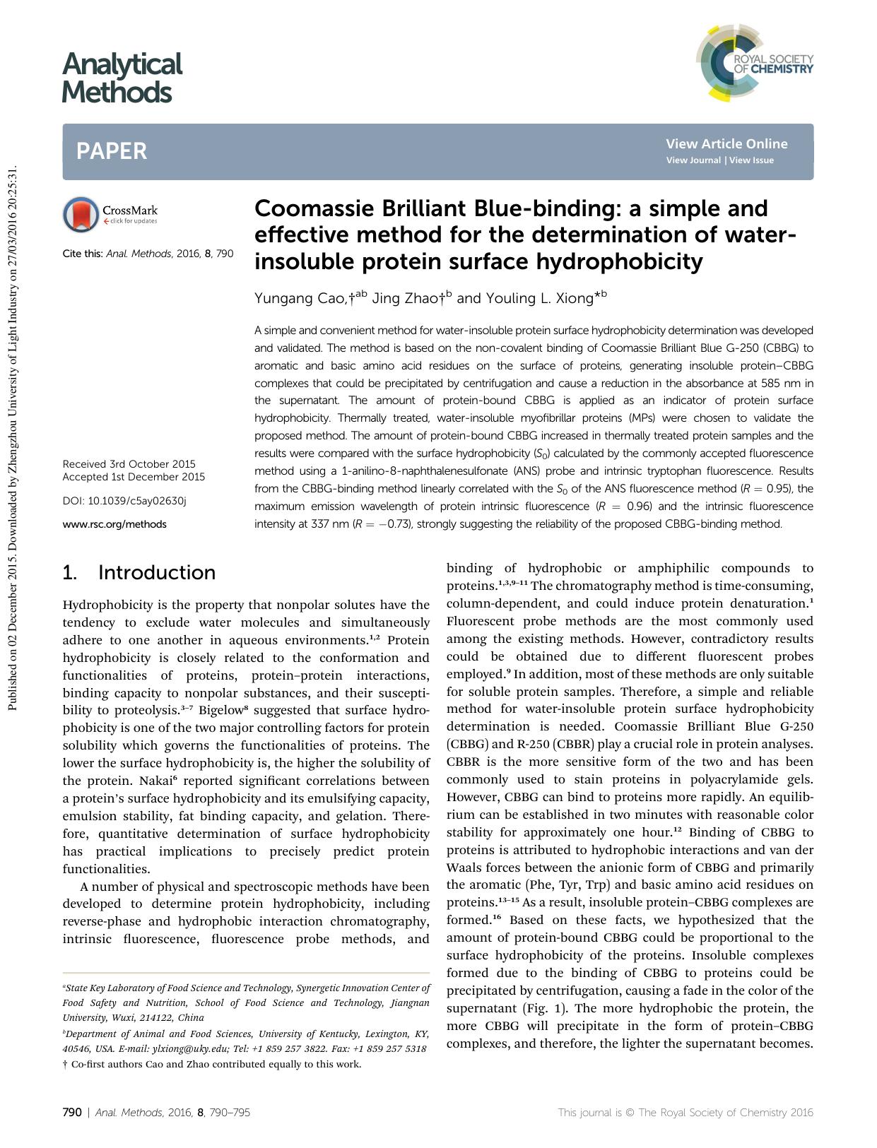 Coomassie Brilliant Blue-binding: a simple and effective method for the determination of water-insoluble protein surface hydrophobicity by Yungang Cao & Jing Zhao & Youling L. Xiong