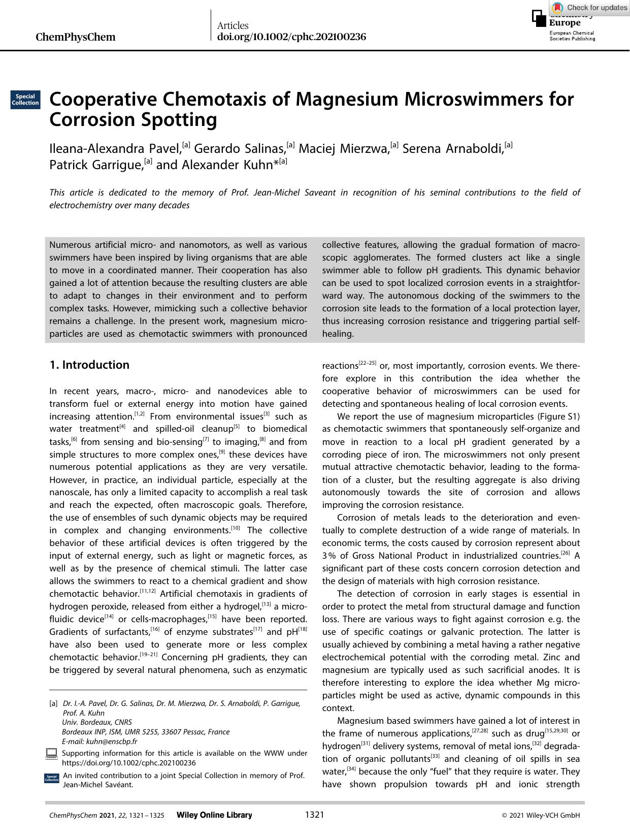 Cooperative Chemotaxis of Magnesium Microswimmers for Corrosion Spotting by Unknown