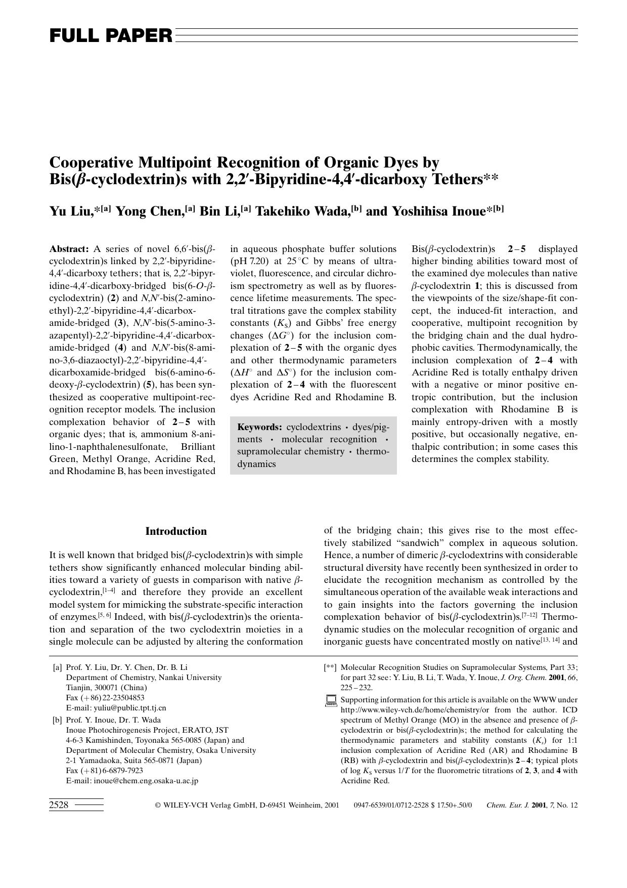 Cooperative Multipoint Recognition of Organic Dyes by Bis([beta]-cyclodextrin)s with 2,2[prime]-Bipyridine-4,4[prime]-dicarboxy Tethers by Unknown
