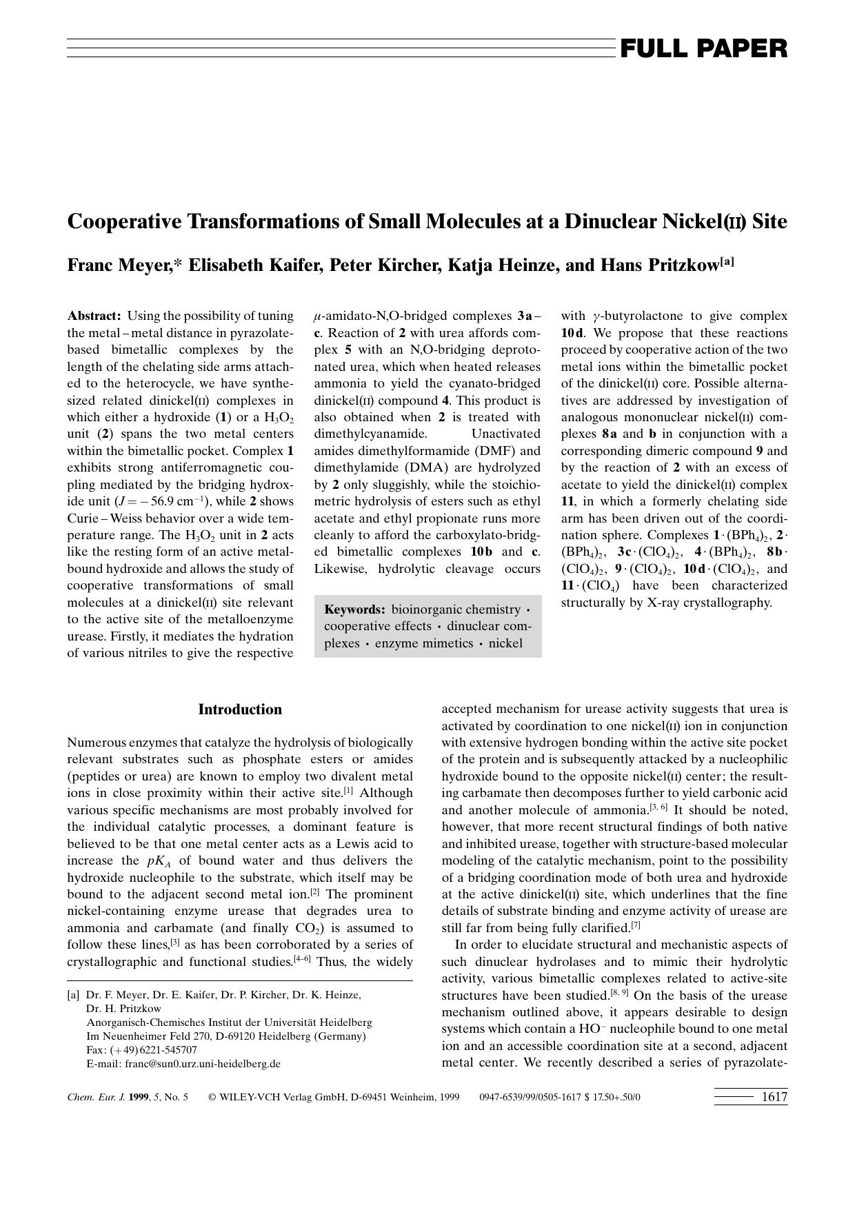 Cooperative Transformations of Small Molecules at a Dinuclear Nickel(II) Site by Unknown