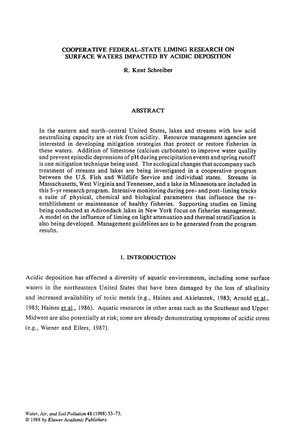 Cooperative federal-state liming research on surface waters impacted by acidic deposition by Unknown