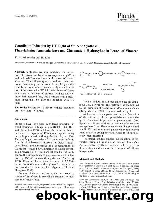 Coordinate induction by UV light of stilbene synthase, phenylalanine ammonia-lyase and cinnamate 4-hydroxylase in leaves of vitaceae by Unknown