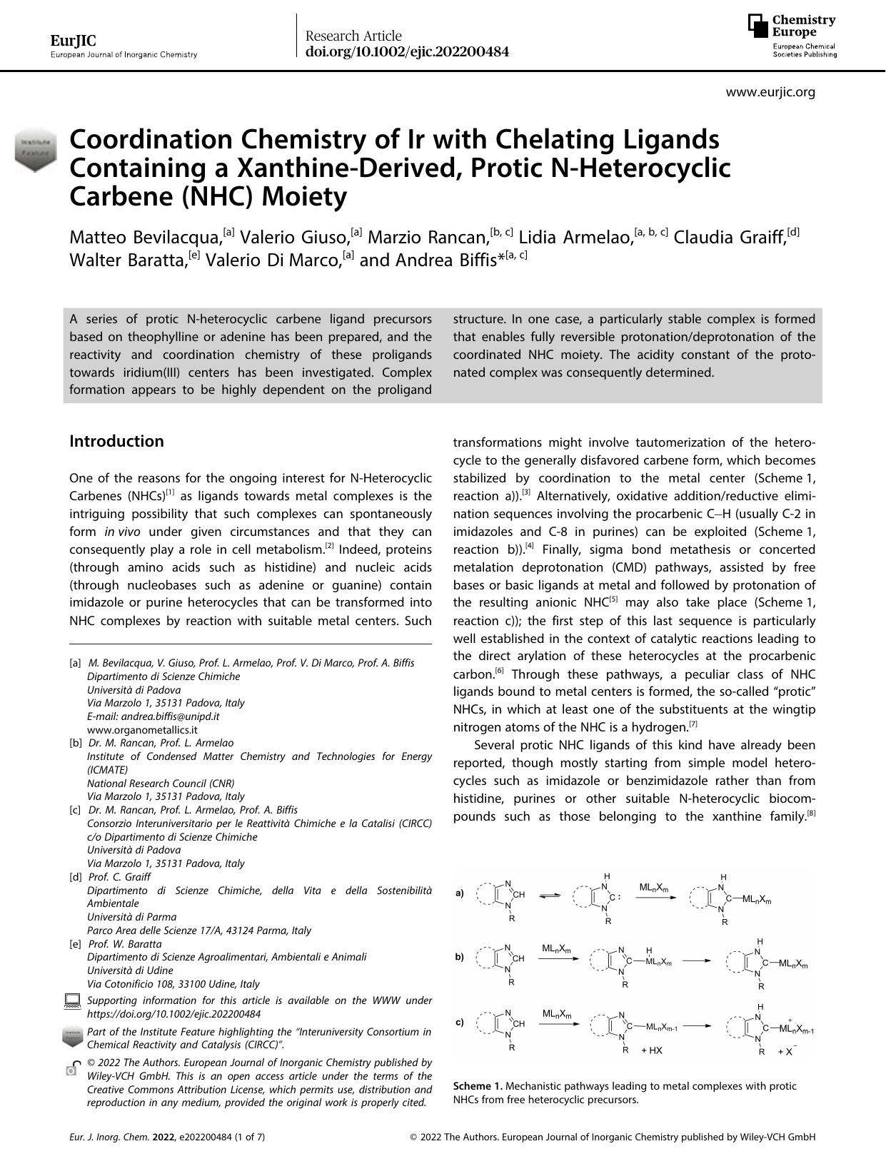 Coordination Chemistry of Ir with Chelating Ligands Containing a XanthineâDerived, Protic NâHeterocyclic Carbene (NHC) Moiety by Unknown