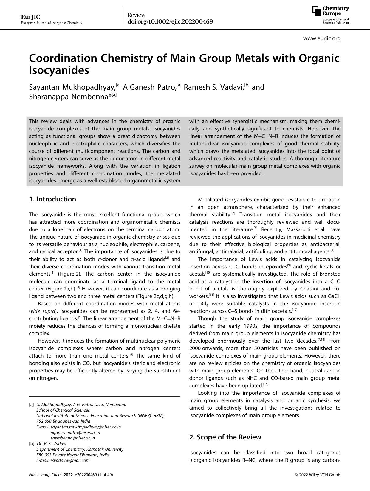 Coordination Chemistry of Main Group Metals with Organic Isocyanides by Unknown