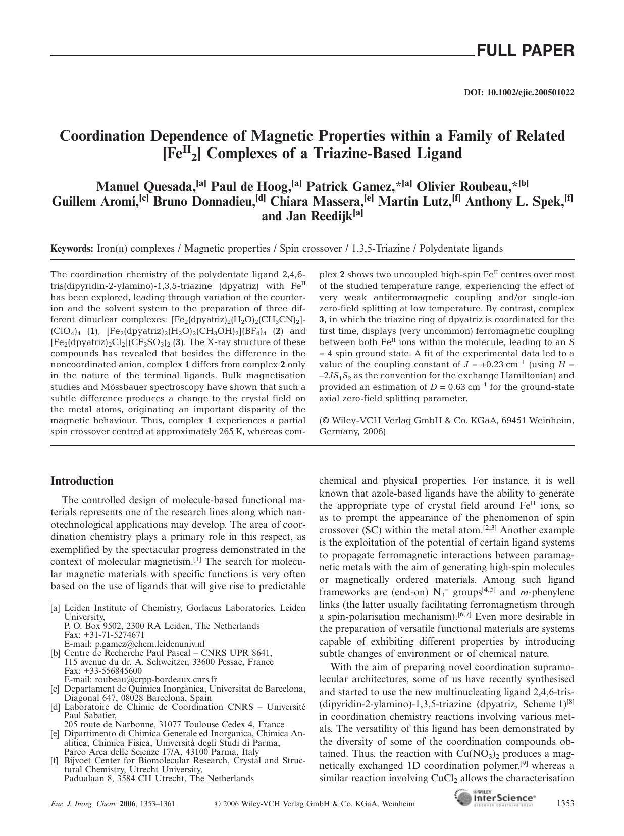 Coordination Dependence of Magnetic Properties within a Family of Related [FeII2] Complexes of a Triazine-Based Ligand by Unknown