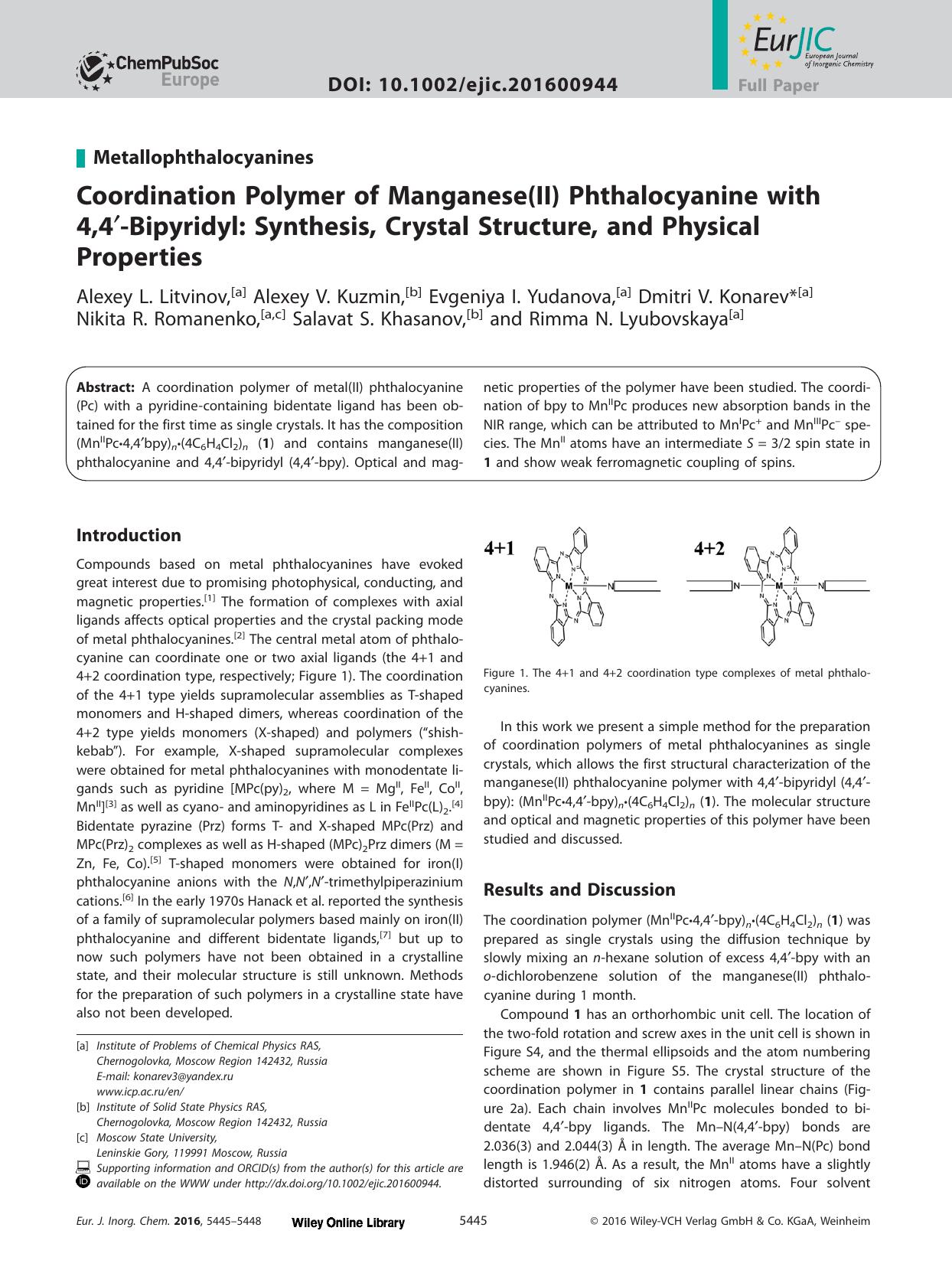 Coordination Polymer of Manganese(II) Phthalocyanine with 4,4â²âBipyridyl: Synthesis, Crystal Structure, and Physical Properties by Unknown