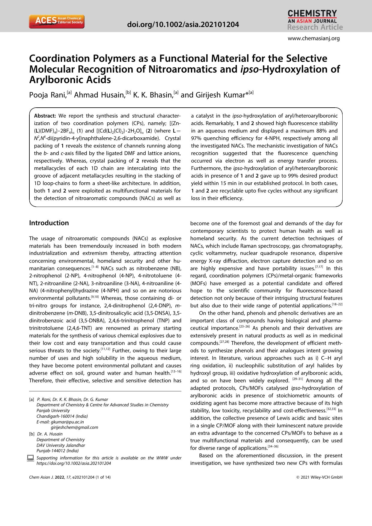 Coordination Polymers as a Functional Material for the Selective Molecular Recognition of Nitroaromatics and ipsoâHydroxylation of Arylboronic Acids by Unknown