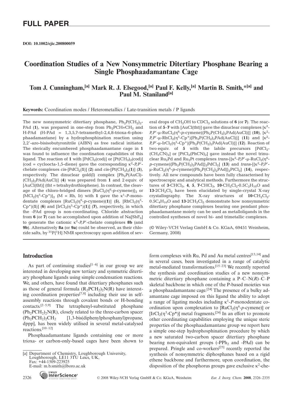Coordination Studies of a New Nonsymmetric Ditertiary Phosphane Bearing a Single Phosphaadamantane Cage by Unknown