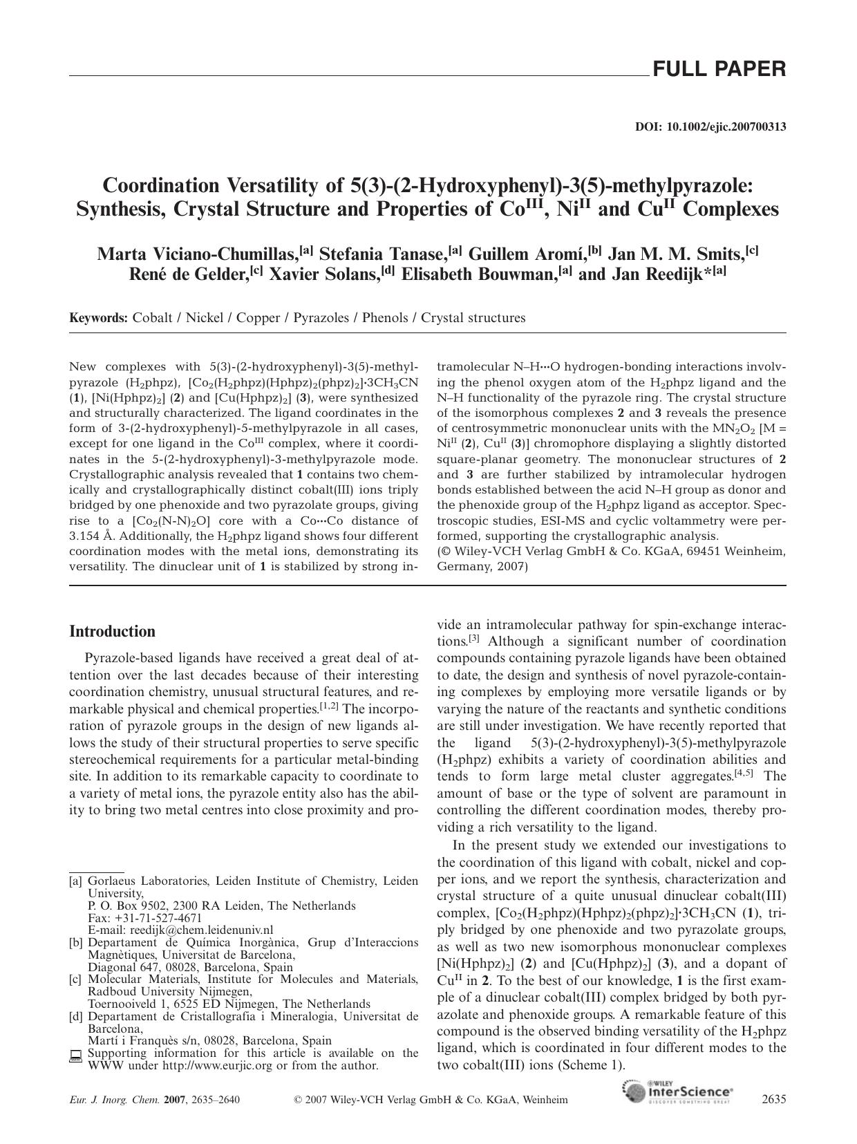 Coordination Versatility of 5(3)-(2-Hydroxyphenyl)-3(5)-methylpyrazole: Synthesis, Crystal Structure and Properties of CoIII, NiII and CuII Complexes by Unknown