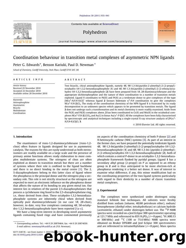 Coordination behaviour in transition metal complexes of asymmetric NPN ligands by Peter G. Edwards & Benson Kariuki & Paul D. Newman