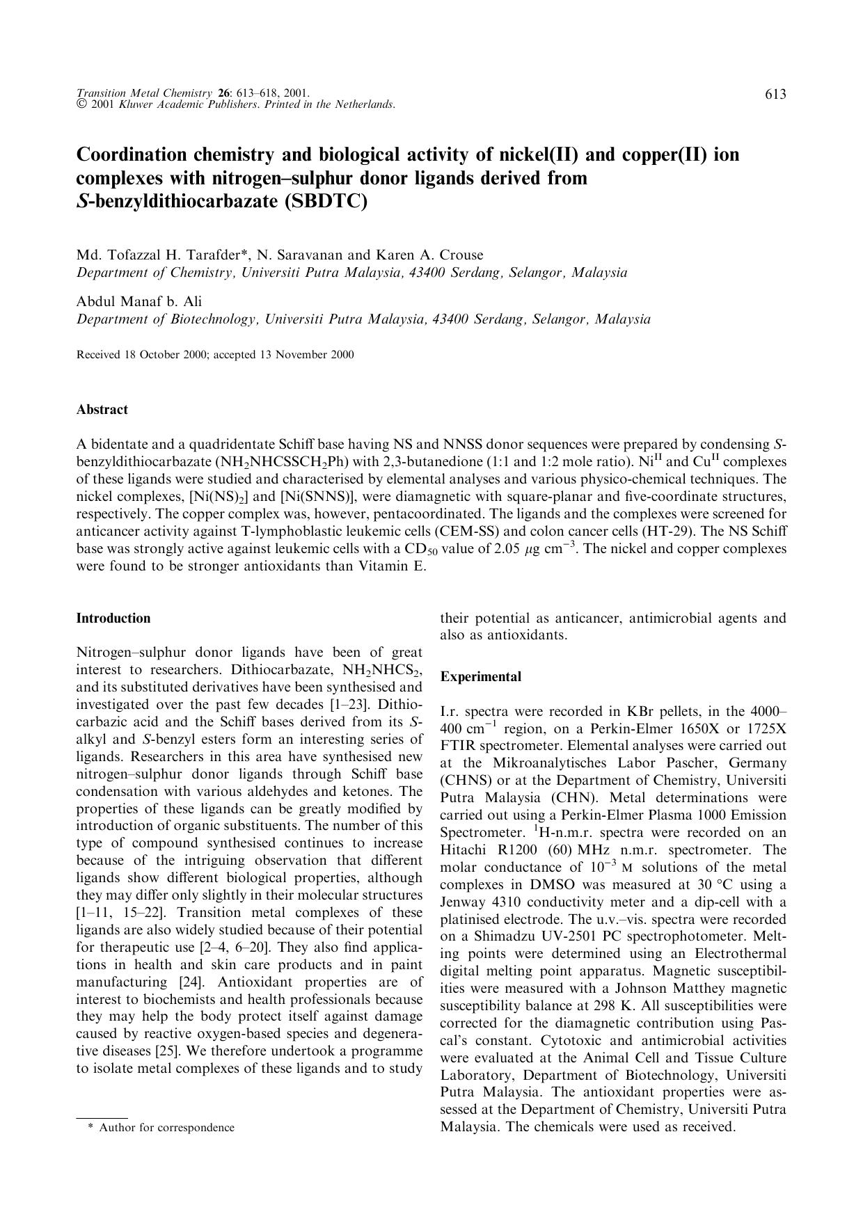 Coordination chemistry and biological activity of nickel(II) and copper(II) ion complexes with nitrogen&#x2013;sulphur donor ligands derived from S-benzyldithiocarbazate (SBDTC) by Unknown