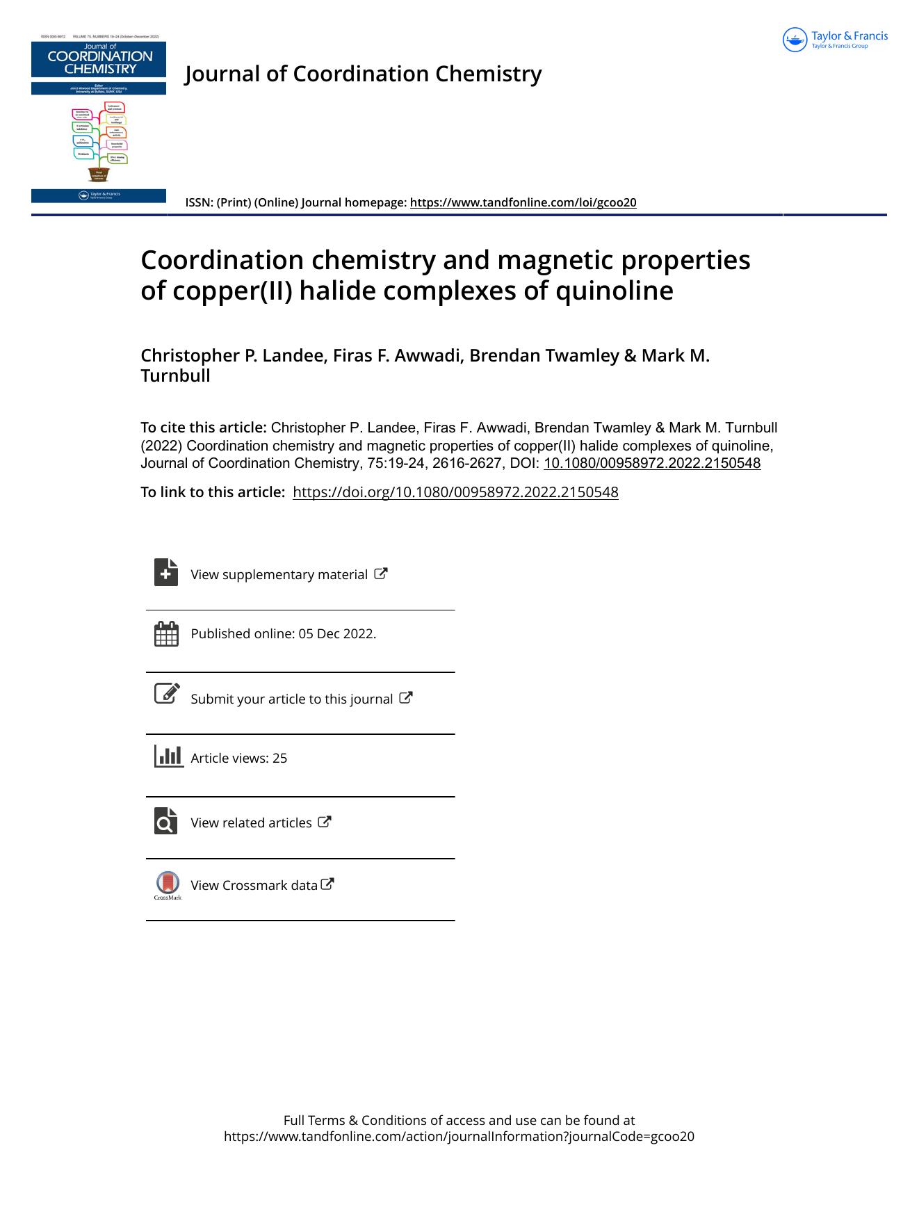 Coordination chemistry and magnetic properties of copper(II) halide complexes of quinoline by Landee Christopher P. & Awwadi Firas F. & Twamley Brendan & Turnbull Mark M