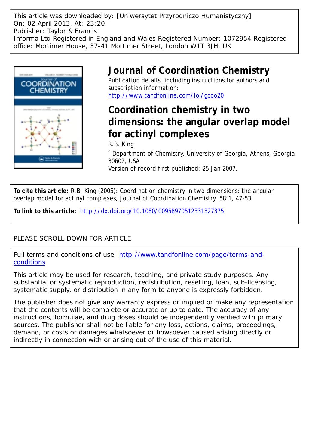 Coordination chemistry in two dimensions: the angular overlap model for actinyl complexes by R.B. King *