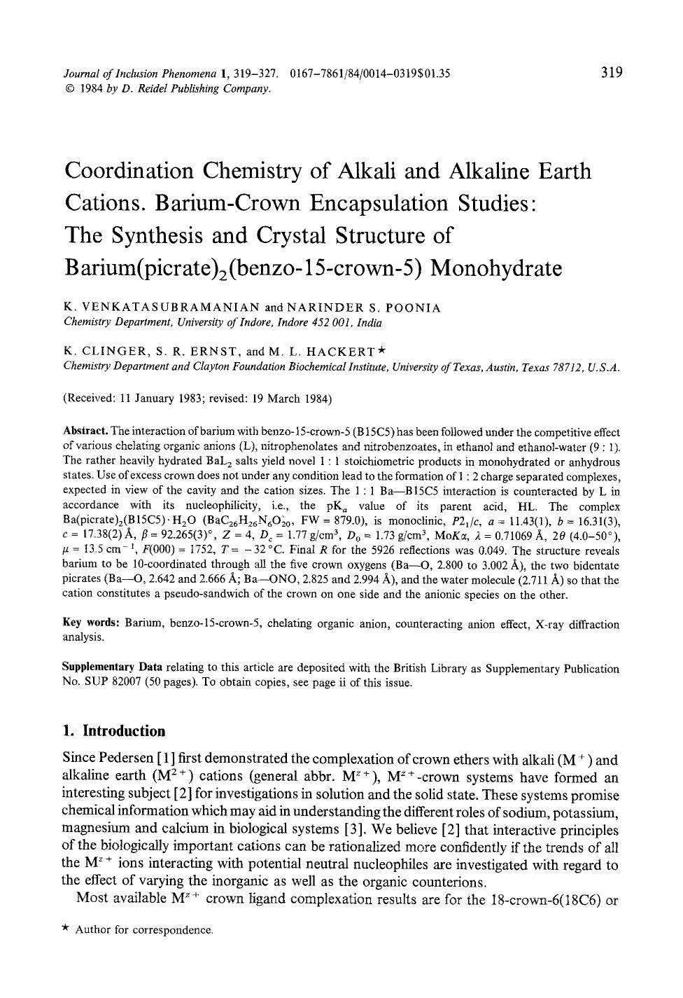 Coordination chemistry of alkali and alkaline earth cations. Barium-crown encapsulation studies: The synthesis and crystal structure of barium(picrate) <Subscript>2 <Subscript>(ben by Unknown