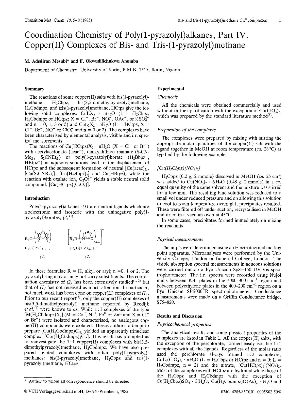Coordination chemistry of poly(1-pyrazolyl)alkanes, part IV. Copper(II) complexes of bis- and tris-(1-pyrazolyl)methane by Unknown