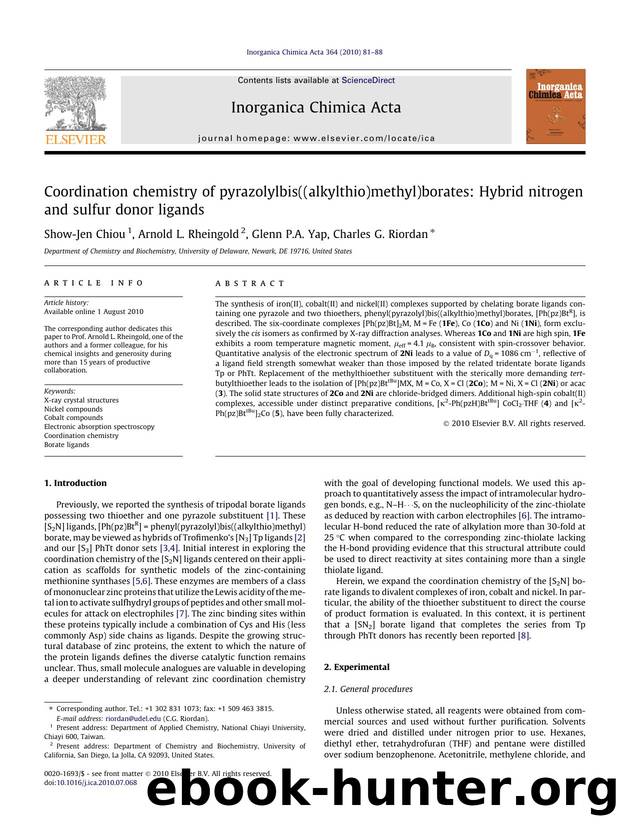 Coordination chemistry of pyrazolylbis((alkylthio)methyl)borates: Hybrid nitrogen and sulfur donor ligands by Show-Jen Chiou & Arnold L. Rheingold & Glenn P.A. Yap & Charles G. Riordan