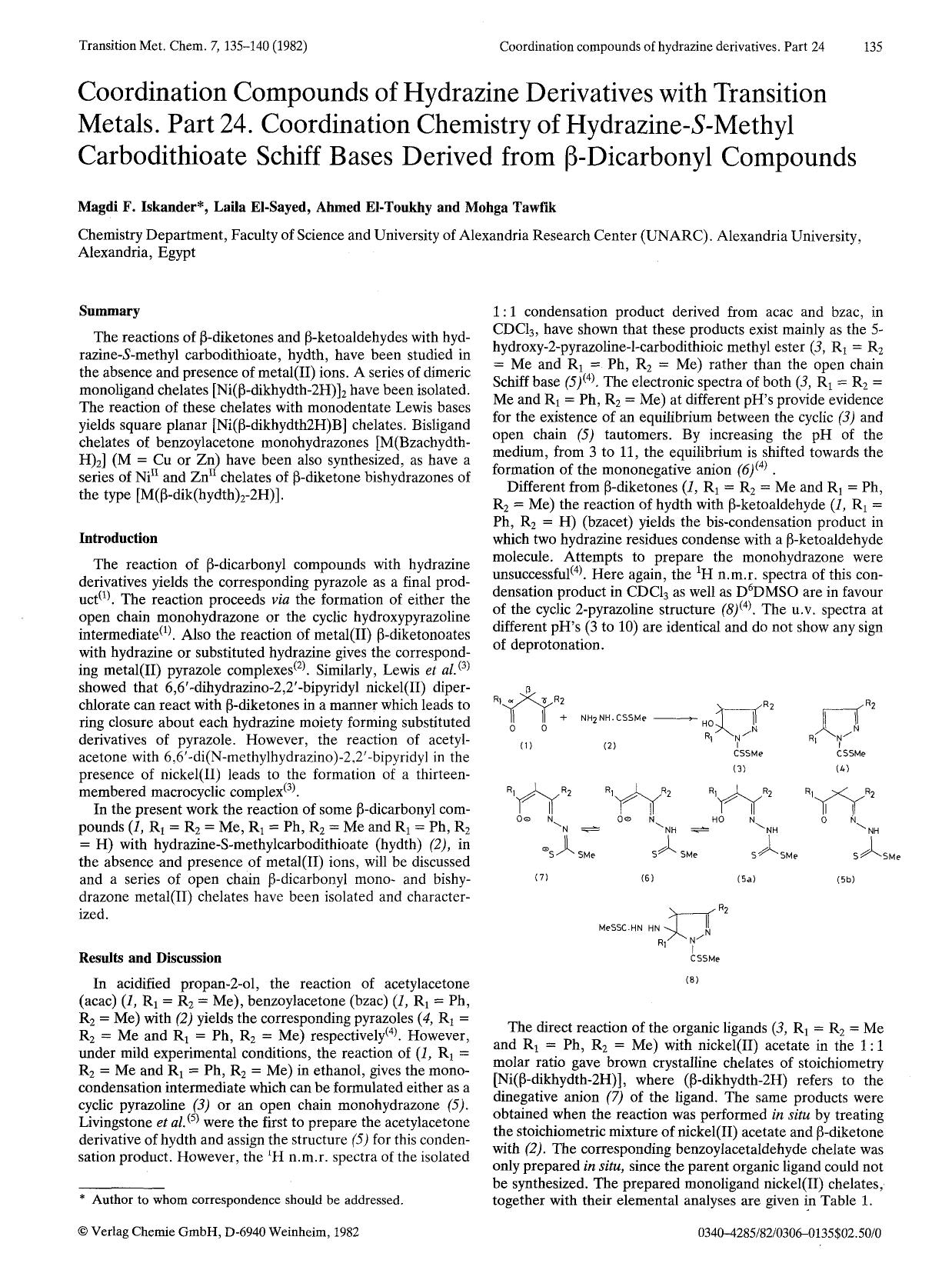Coordination compounds of hydrazine derivatives with transition metals. Part 24. Coordination chemistry of hydrazine- <Emphasis Type="Italic">S <Emphasis>-methyl carbodithioate sch by Unknown