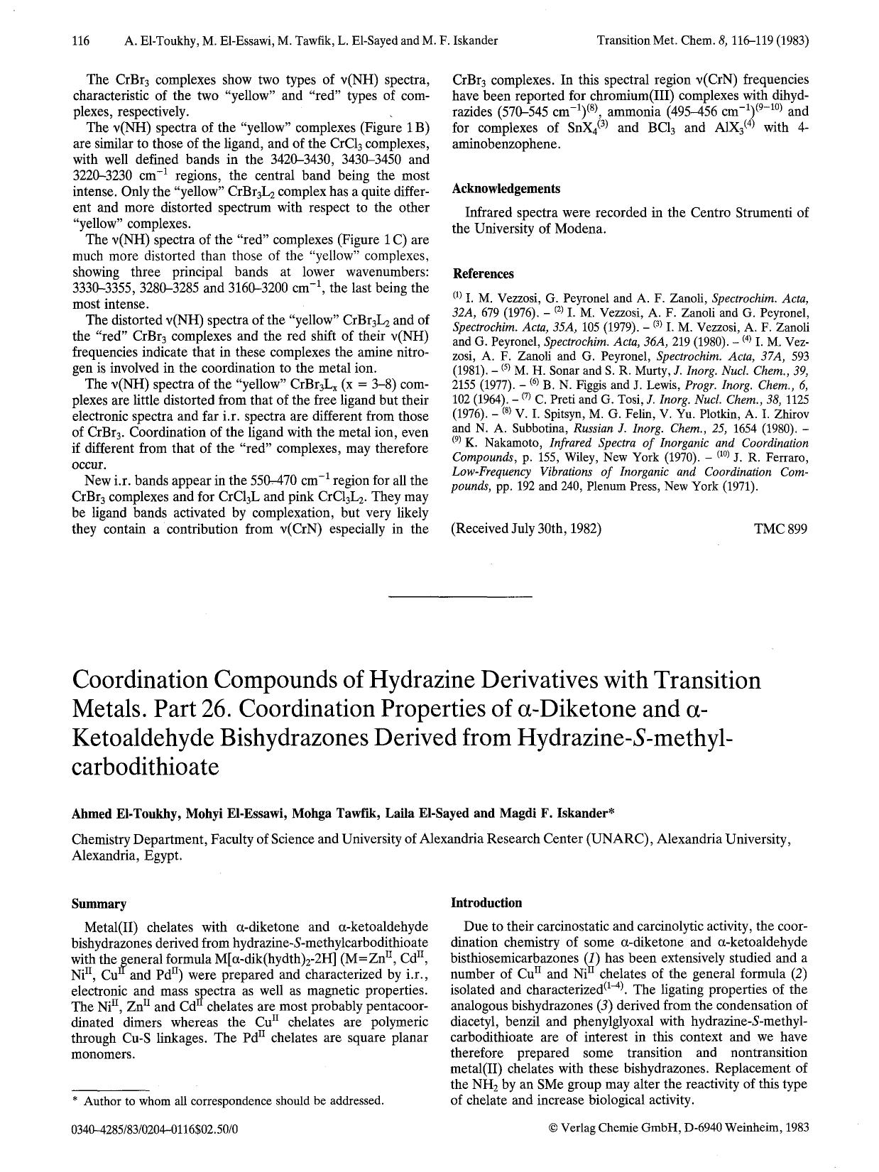 Coordination compounds of hydrazine derivatives with transition metals. Part 26. Coordination properties of α-diketone and α-ketoaldehyde bishydrazones derived from h by Unknown