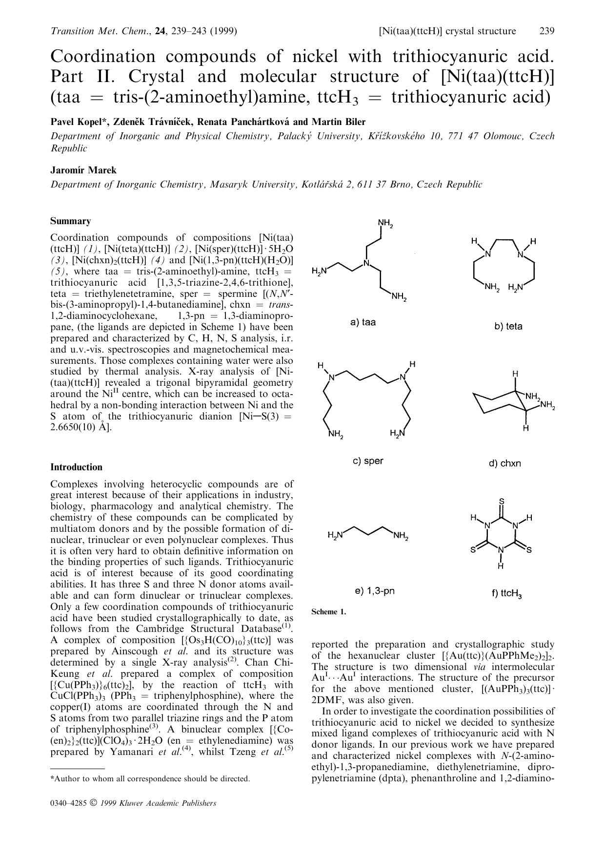 Coordination compounds of nickel with trithiocyanuric acid. Part II. Crystal and molecular structure of [Ni(taa)(ttcH)] (taa=tris-(2-aminoethyl)amine, ttcH3=trithiocyanuric acid) by Unknown