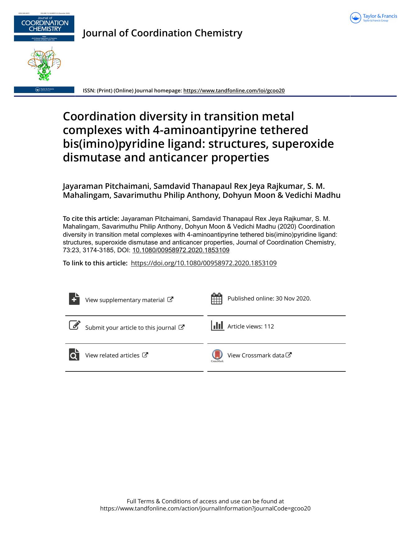 Coordination diversity in transition metal complexes with 4-aminoantipyrine tethered bis(imino)pyridine ligand: structures, superoxide dismutase and anticancer properties by unknow
