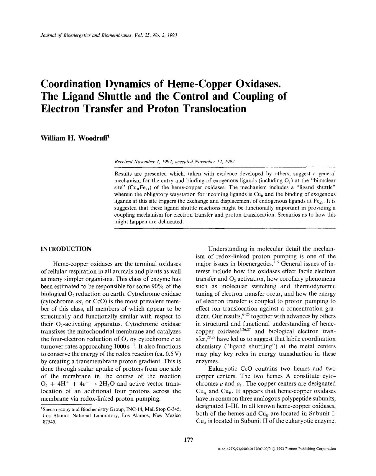 Coordination dynamics of heme-copper oxidases. The ligand shuttle and the control and coupling of electron transfer and proton translocation by Unknown