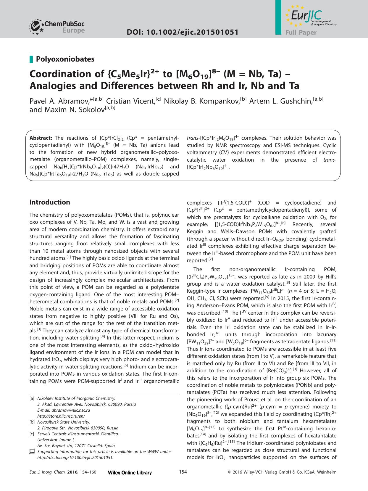 Coordination of {C5Me5Ir}2+ to [M6O19]8 (M = Nb, Ta) Analogies and Differences between Rh and Ir, Nb and Ta by Unknown