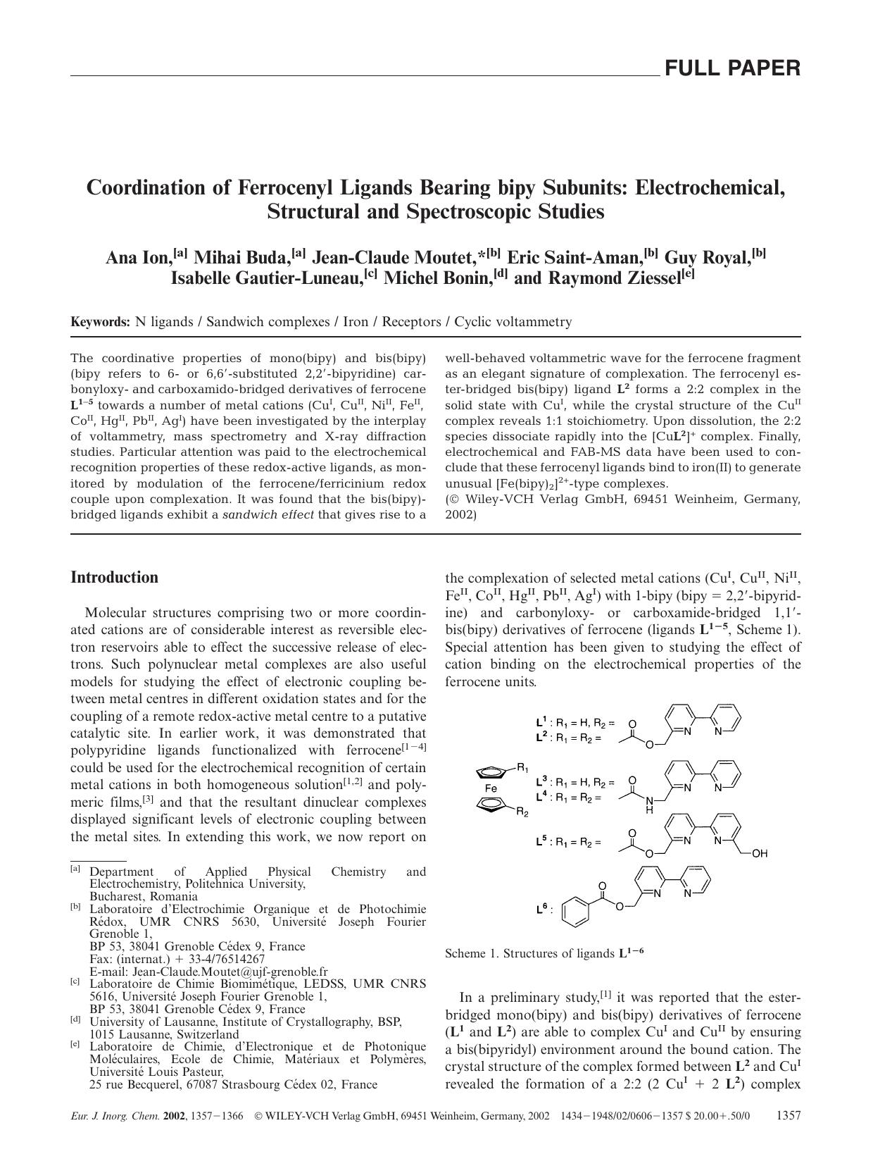 Coordination of Ferrocenyl Ligands Bearing bipy Subunits: Electrochemical, Structural and Spectroscopic Studies by Unknown