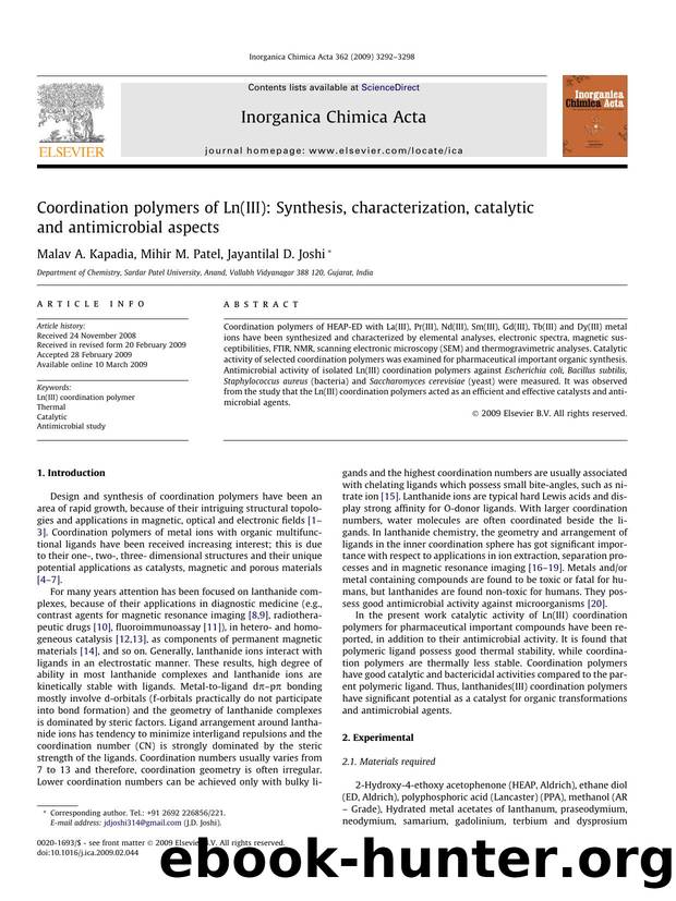 Coordination polymers of Ln(III): Synthesis, characterization, catalytic and antimicrobial aspects by Malav A. Kapadia; Mihir M. Patel; Jayantilal D. Joshi