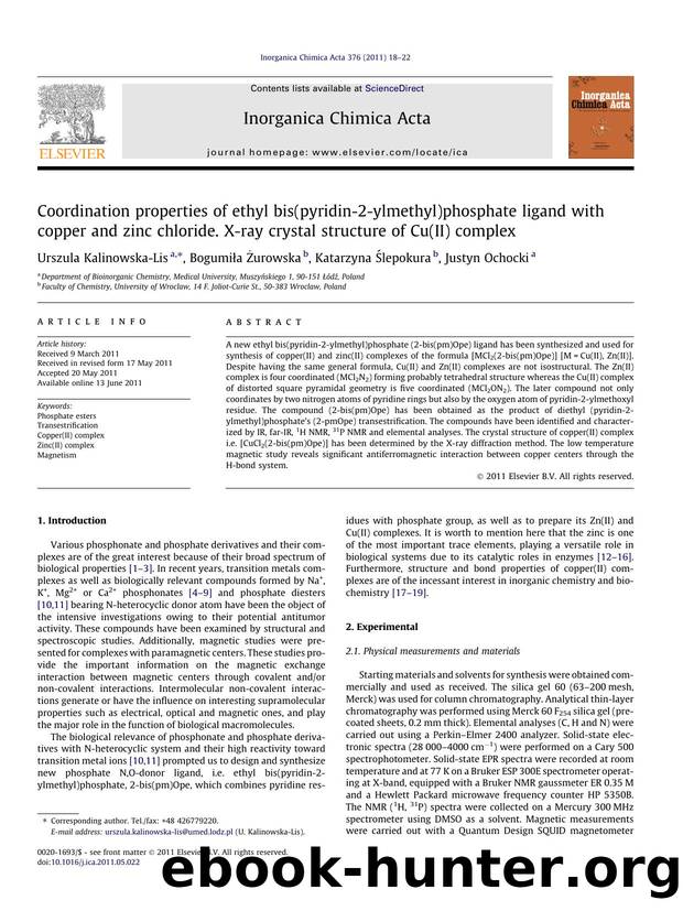 Coordination properties of ethyl bis(pyridin-2-ylmethyl)phosphate ligand with copper and zinc chloride. X-ray crystal structure of Cu(II) complex by Urszula Kalinowska-Lis & Bogumiła Żurowska & Katarzyna Ślepokura & Justyn Ochocki