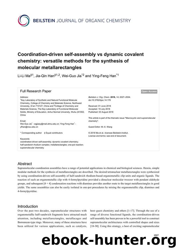 Coordination-driven self-assembly vs dynamic covalent chemistry: versatile methods for the synthesis of molecular metallarectangles by Li-Li Ma Jia-Qin Han Wei-Guo Jia Ying-Feng Han