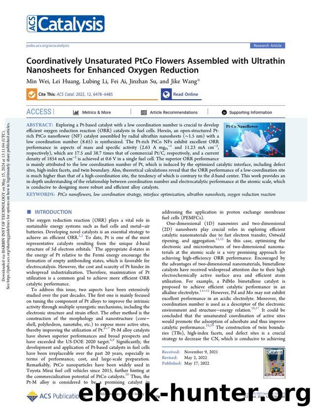 Coordinatively Unsaturated PtCo Flowers Assembled with Ultrathin Nanosheets for Enhanced Oxygen Reduction by Min Wei Lei Huang Lubing Li Fei Ai Jinzhan Su & Jike Wang