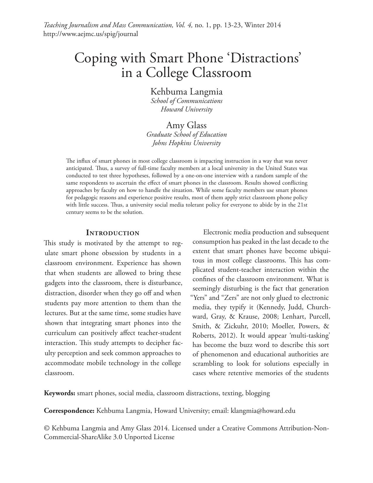 Coping with Smart Phone âDistractionsâ in a College Classroom by Kehbuma Langmia; Amy Glass