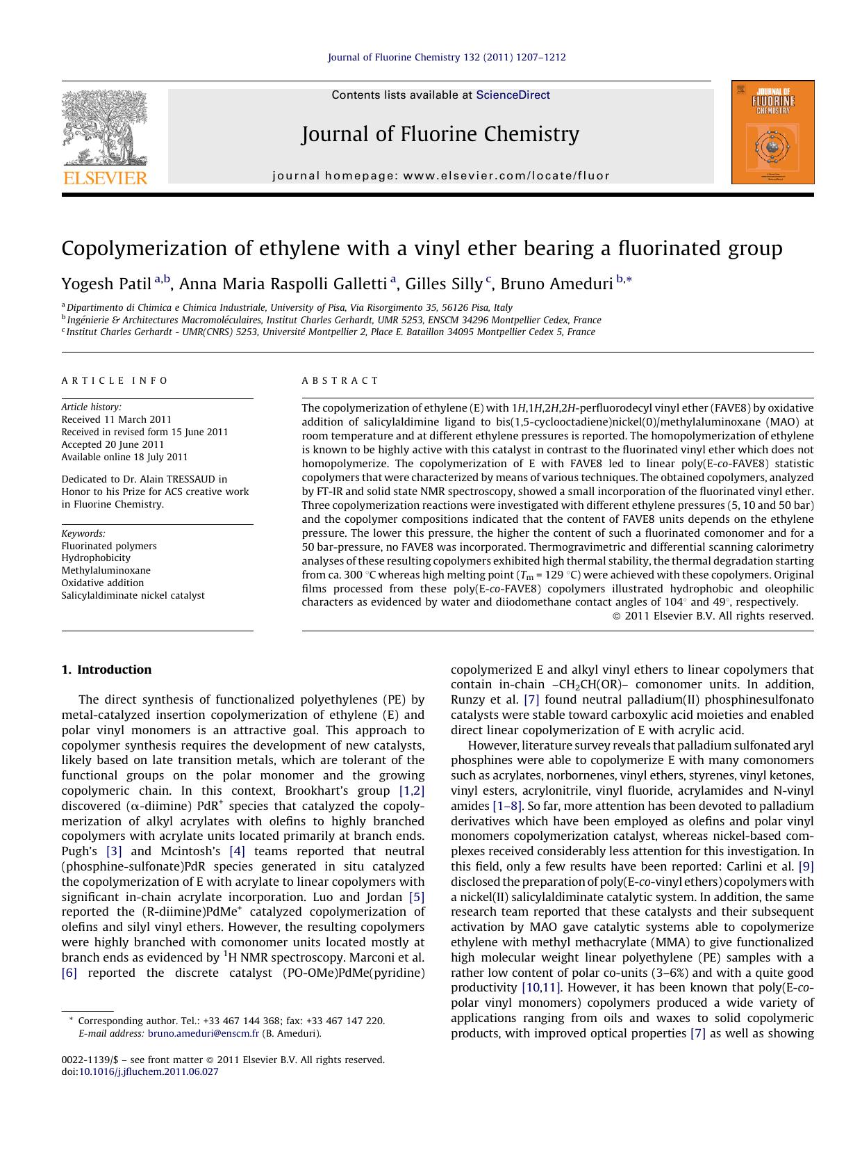 Copolymerization of ethylene with a vinyl ether bearing a fluorinated group by Yogesh Patil