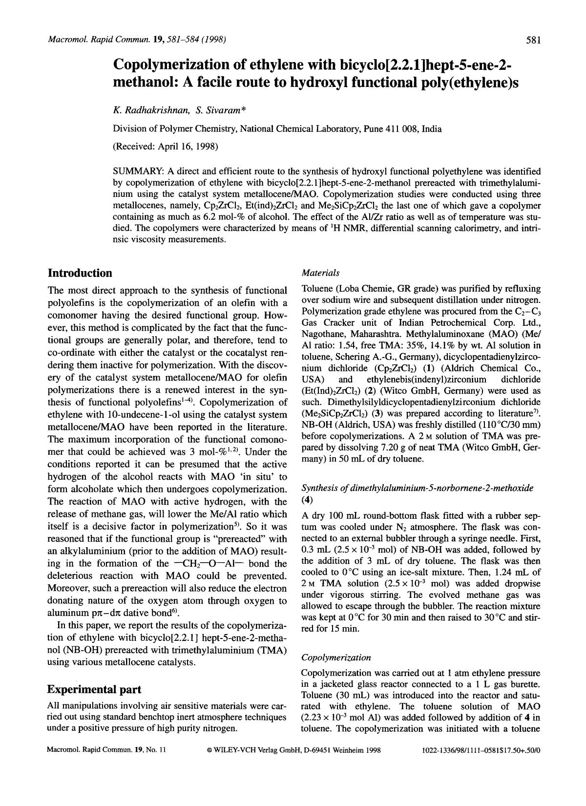 Copolymerization of ethylene with bicyclo[2.2.1]hept-5-ene-2-methanol: A facile route to hydroxyl functional poly(ethylene)s by Unknown