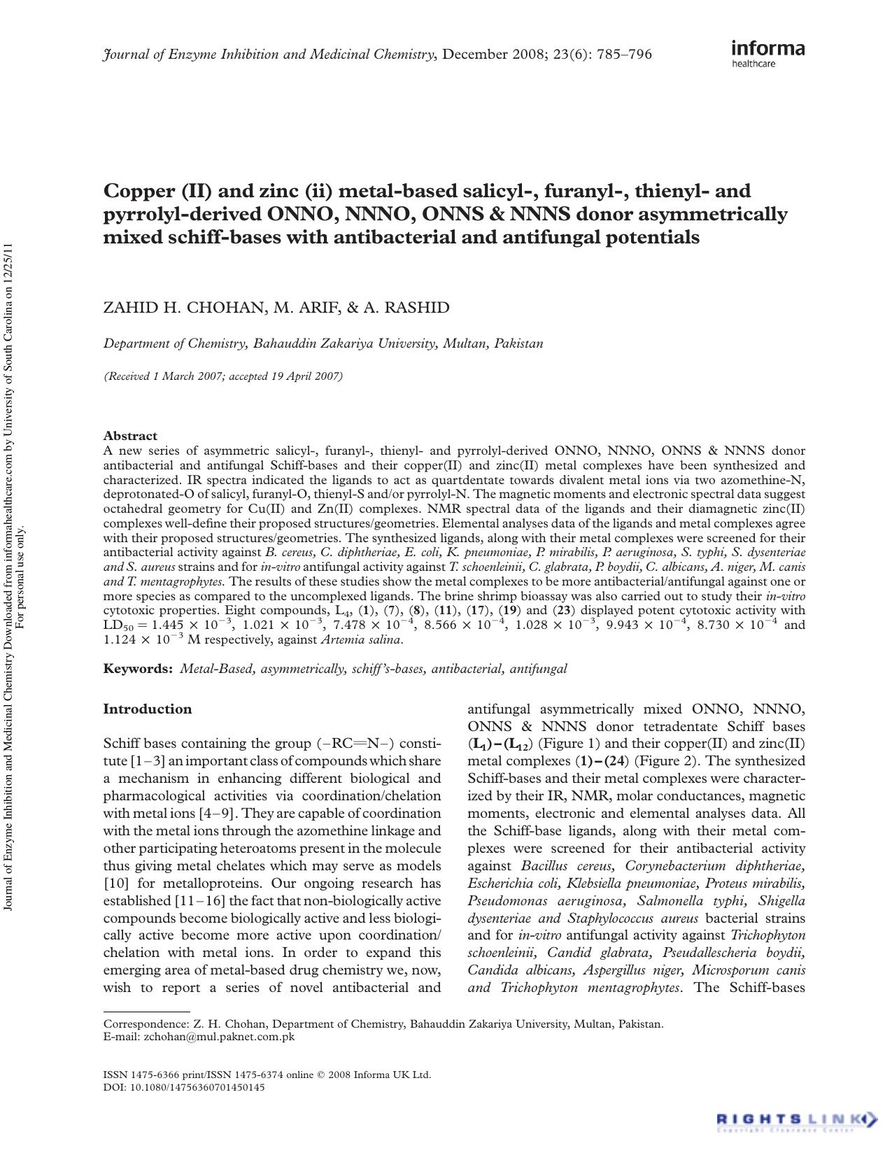 Copper (II) and zinc (ii) metal-based salicyl-, furanyl-, thienyl- and pyrrolyl-derived ONNO, NNNO, ONNS & NNNS donor asymmetrically mixed schiff-bases with antibacterial and antifungal potentials by Zahid H. Chohan M. Arif A. Rashid