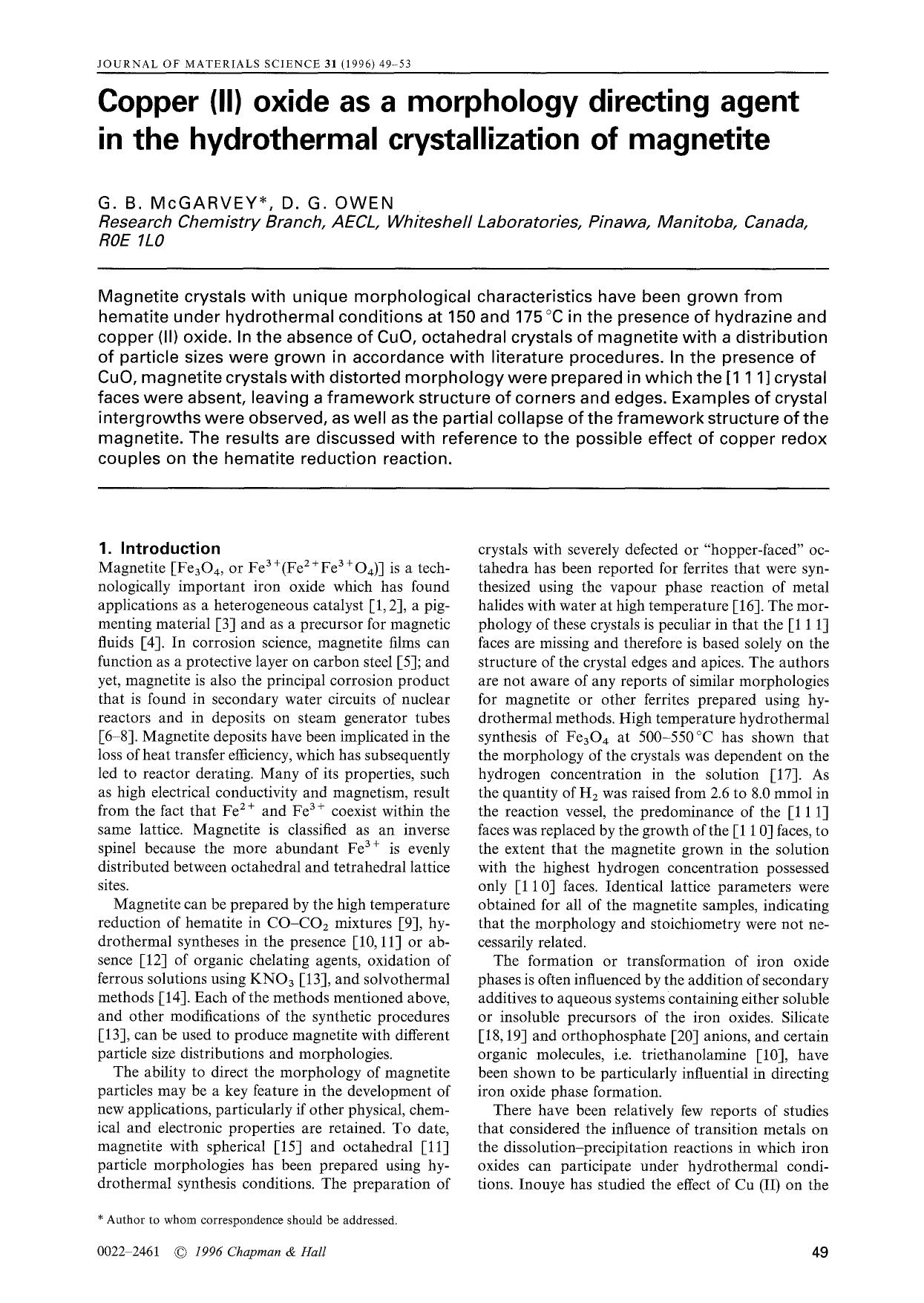 Copper (II) oxide as a morphology directing agent in the hydrothermal crystallization of magnetite by Unknown