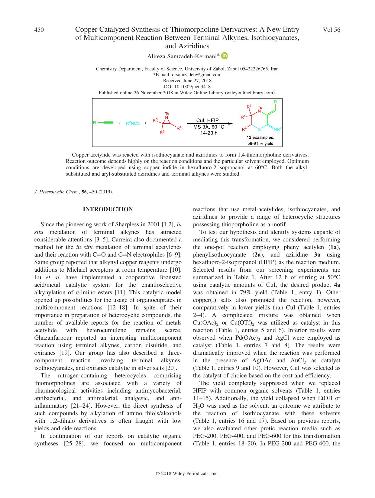Copper Catalyzed Synthesis of Thiomorpholine Derivatives: A New Entry of Multicomponent Reaction Between Terminal Alkynes, Isothiocyanates, and Aziridines by Alireza Samzadeh-Kermani