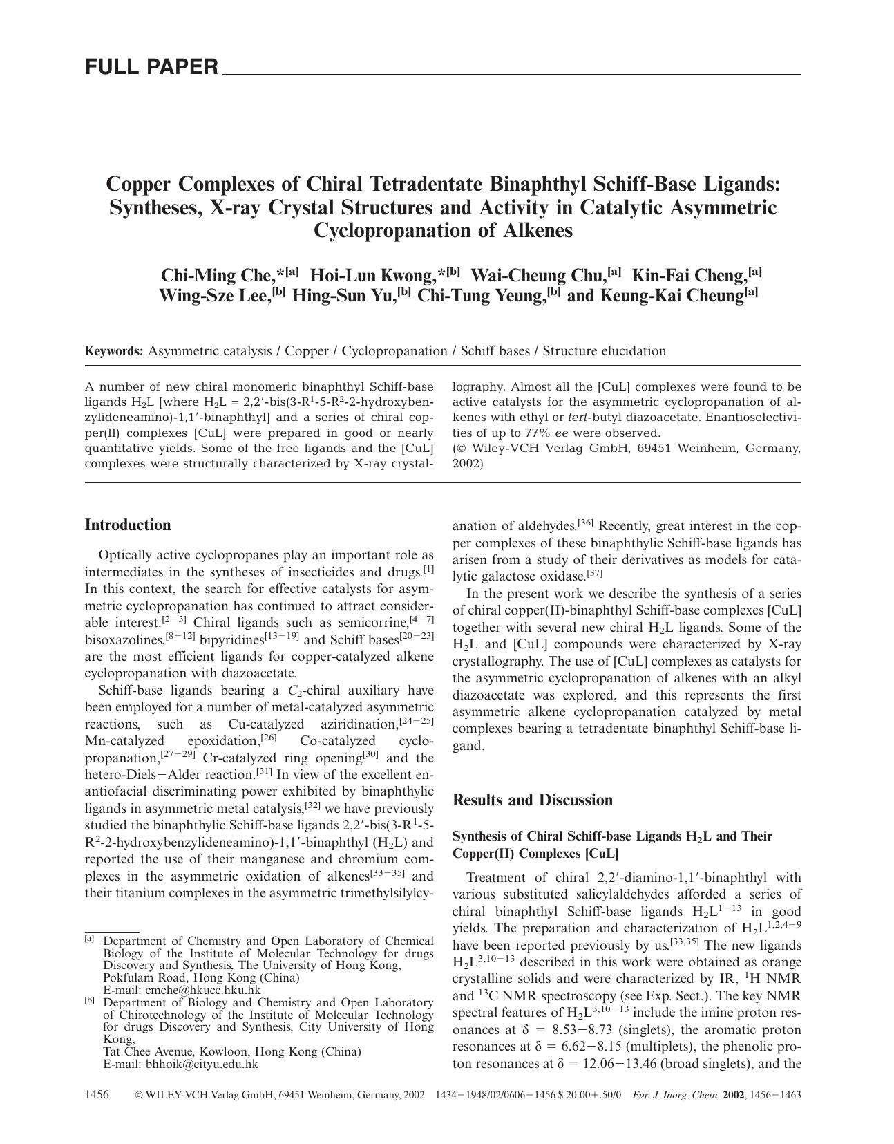 Copper Complexes of Chiral Tetradentate Binaphthyl Schiff-Base Ligands: Syntheses, X-ray Crystal Structures and Activity in Catalytic Asymmetric Cyclopropanation of Alkenes by Unknown