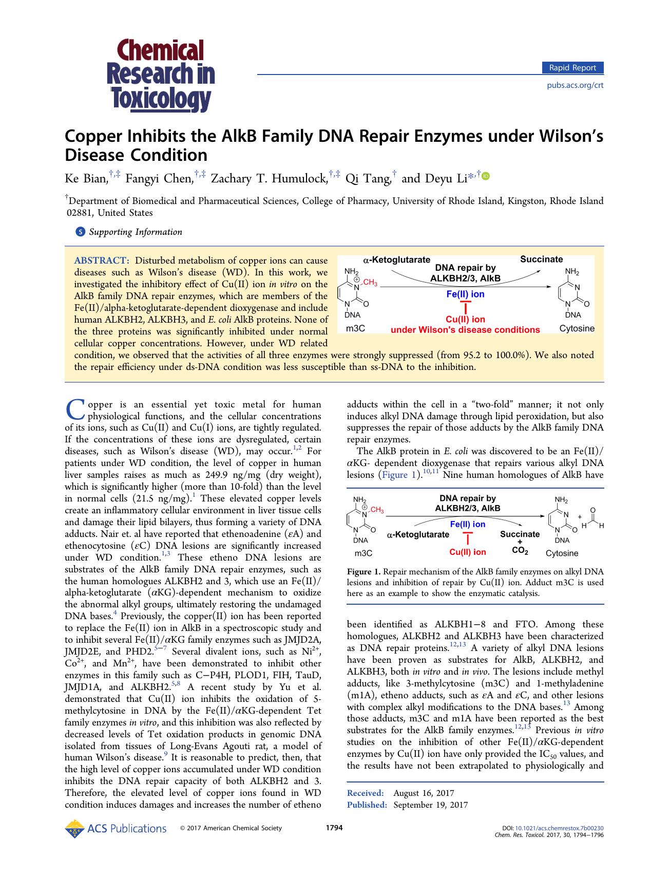 Copper Inhibits the AlkB Family DNA Repair Enzymes under Wilsonâs Disease Condition by Ke Bian Fangyi Chen Zachary T. Humulock Qi Tang and Deyu Li