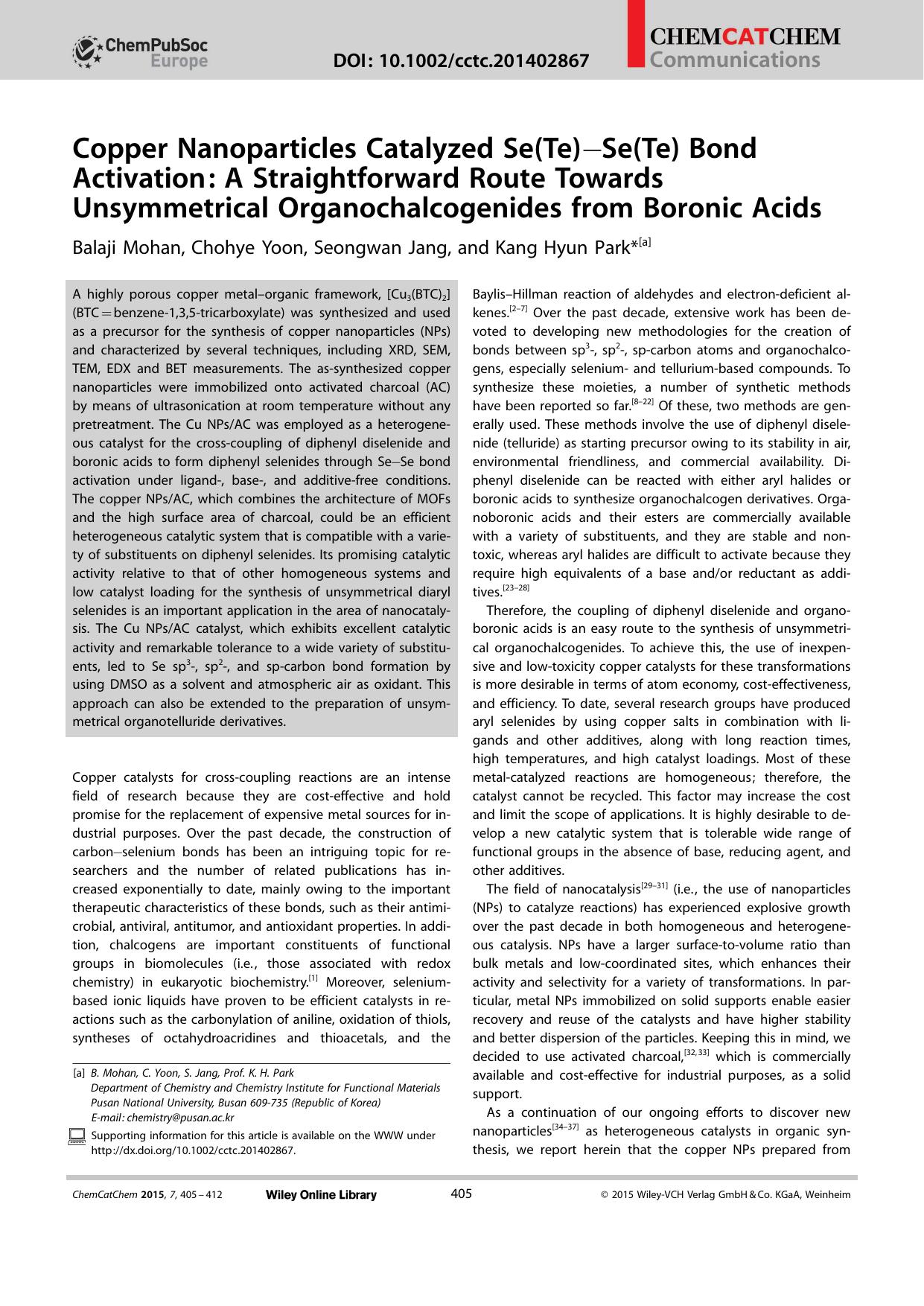 Copper Nanoparticles Catalyzed Se(Te)Se(Te) Bond Activation: A Straightforward Route Towards Unsymmetrical Organochalcogenides from Boronic Acids by Unknown