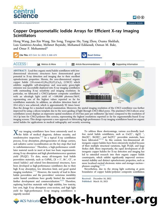 Copper Organometallic Iodide Arrays for Efficient Xâray Imaging Scintillators by unknow