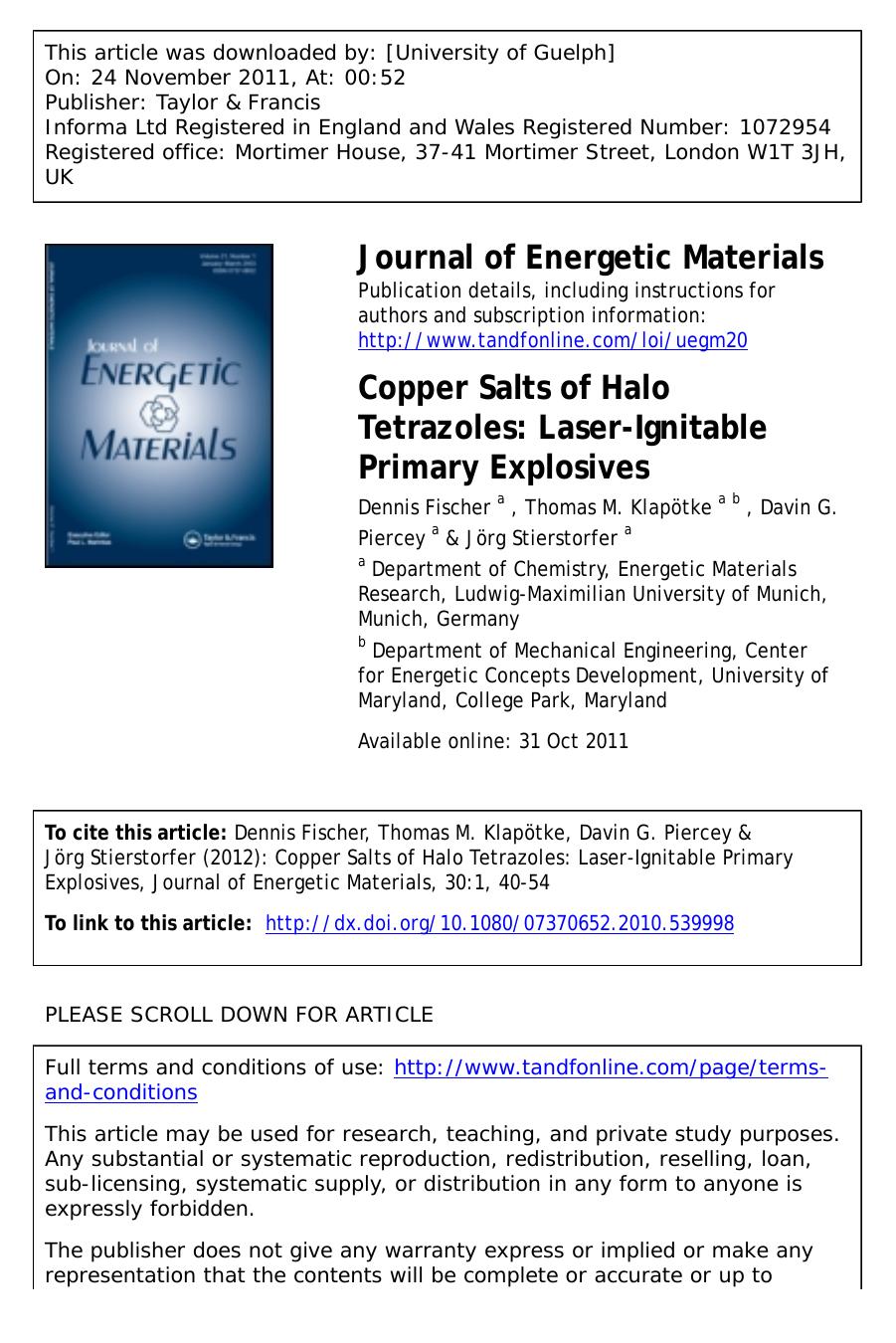 Copper Salts of Halo Tetrazoles: Laser-Ignitable Primary Explosives by unknow